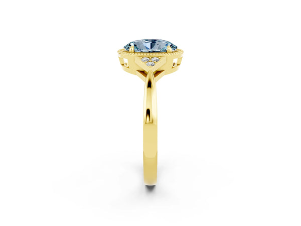 Yellow gold Oval Cut Aquamarine Halo Ring with Tapered Band and Four-Prong Setting