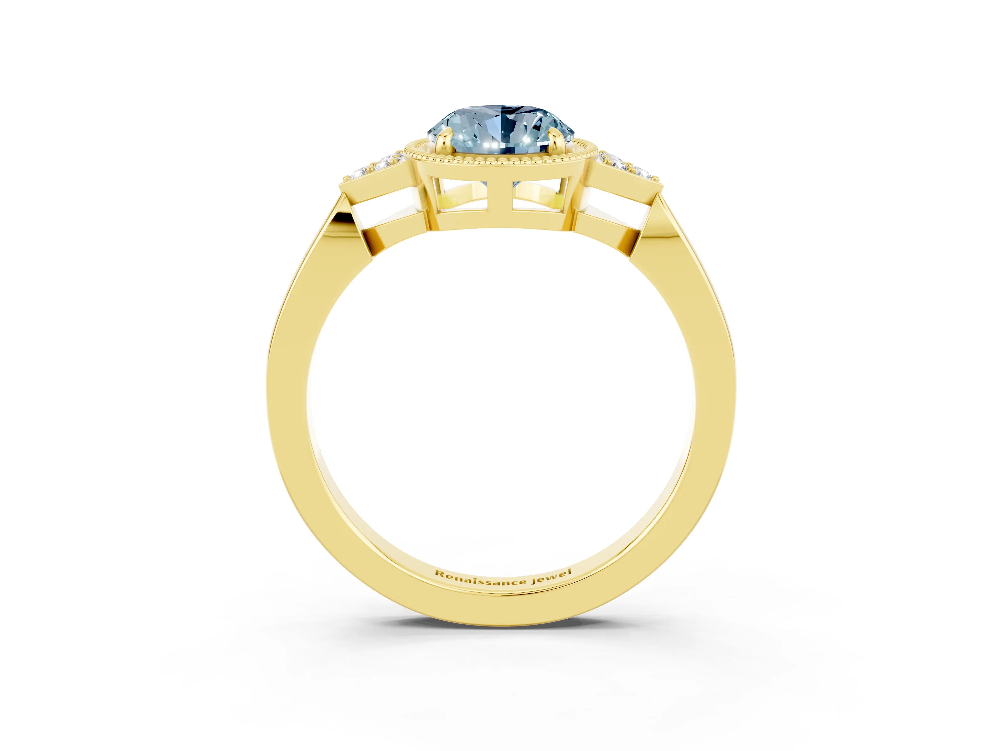 Yellow gold Oval Cut Aquamarine Halo Ring with Tapered Band and Four-Prong Setting_3