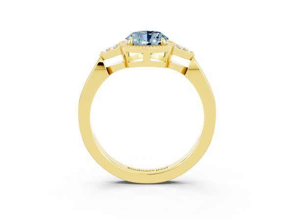 Yellow gold Oval Cut Aquamarine Halo Ring with Tapered Band and Four-Prong Setting