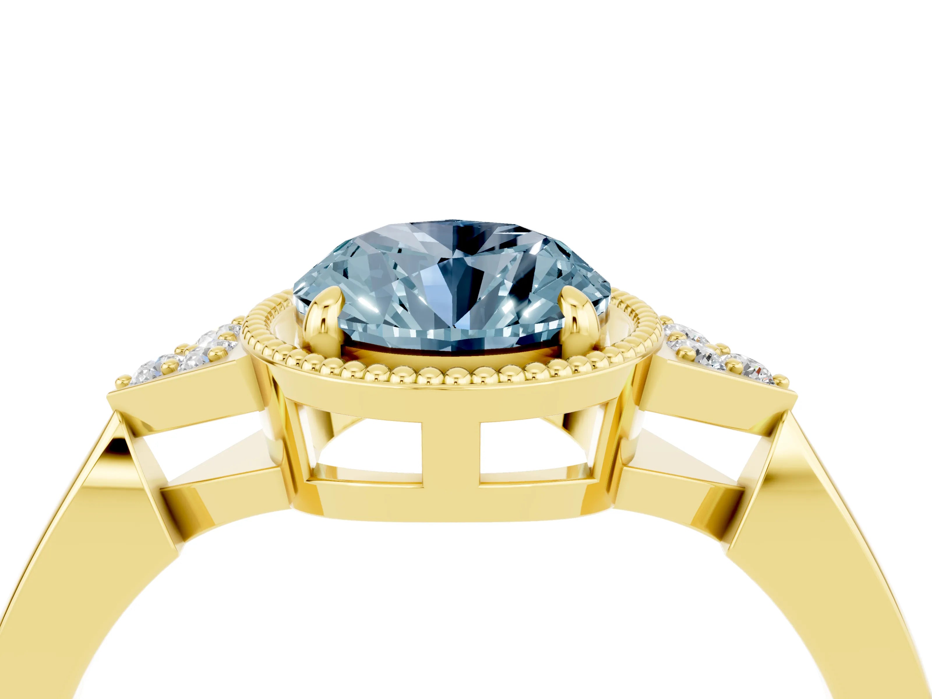Yellow gold Oval Cut Aquamarine Halo Ring with Tapered Band and Four-Prong Setting_4