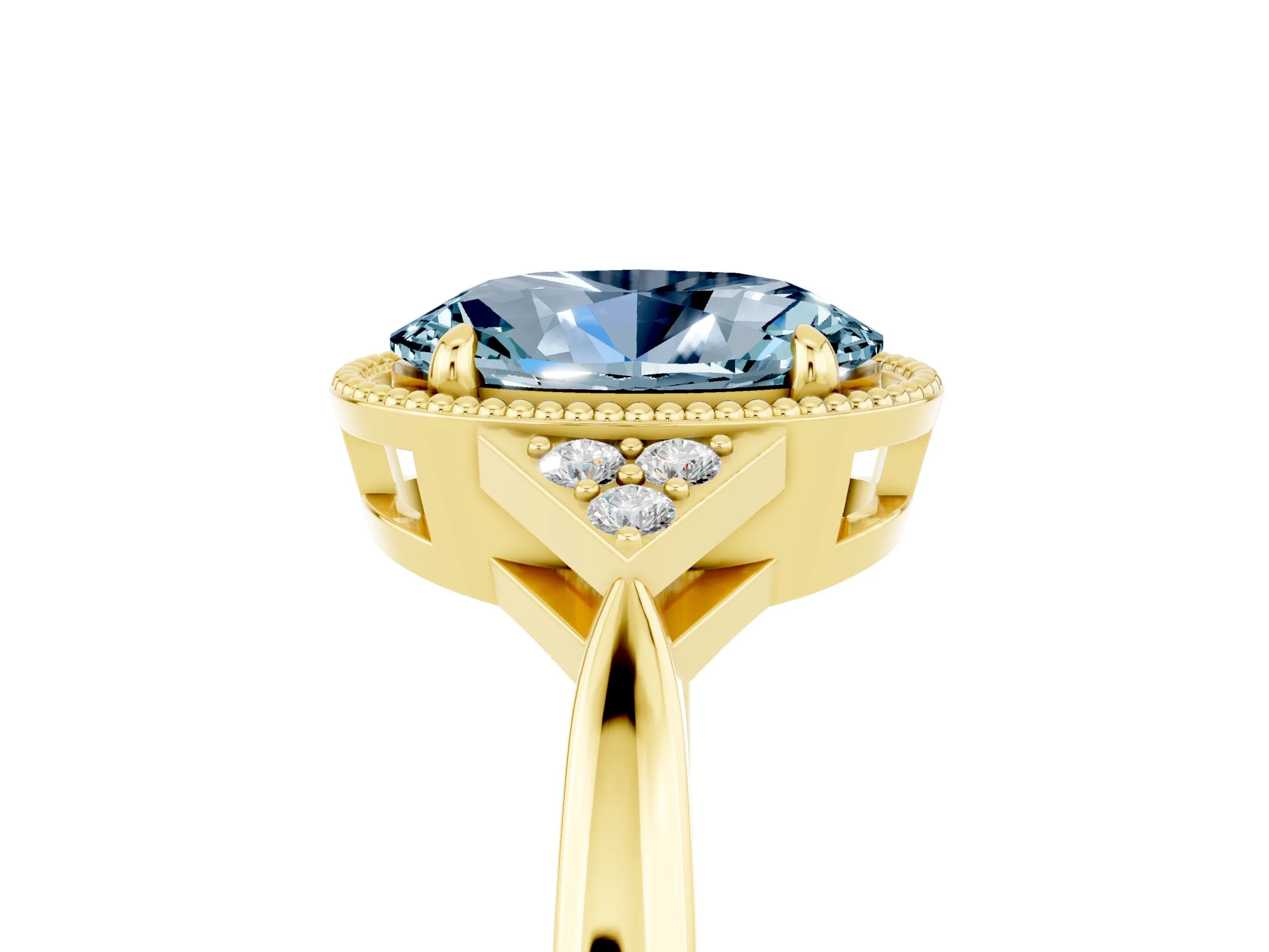 Yellow gold Oval Cut Aquamarine Halo Ring with Tapered Band and Four-Prong Setting_5