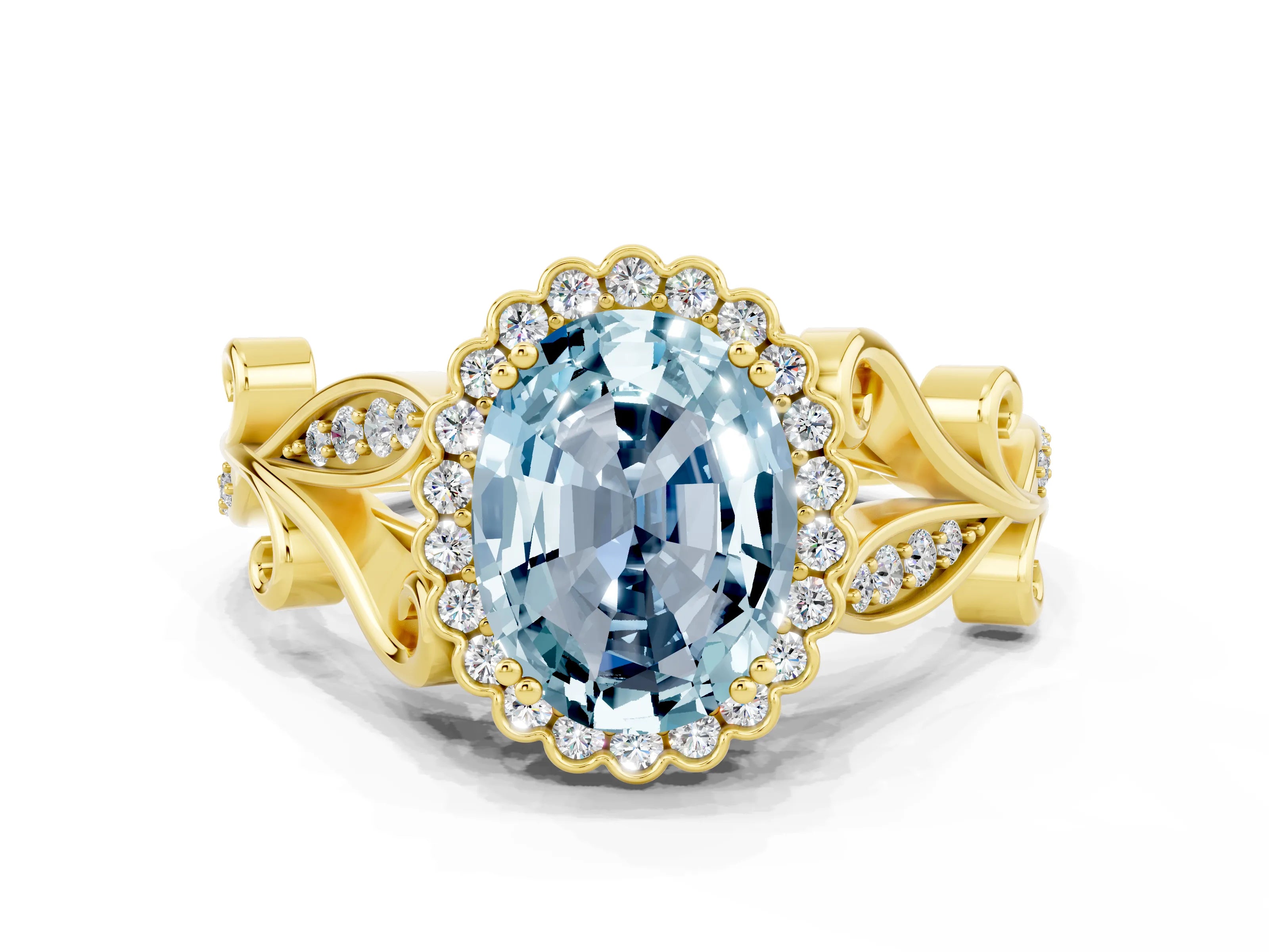 Yellow gold Oval Cut Aquamarine Halo Ring with Vintage Split Shank and Four-Prong Setting
