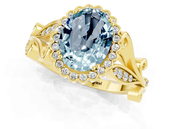 Yellow gold Oval Cut Aquamarine Halo Ring with Vintage Split Shank and Four-Prong Setting
