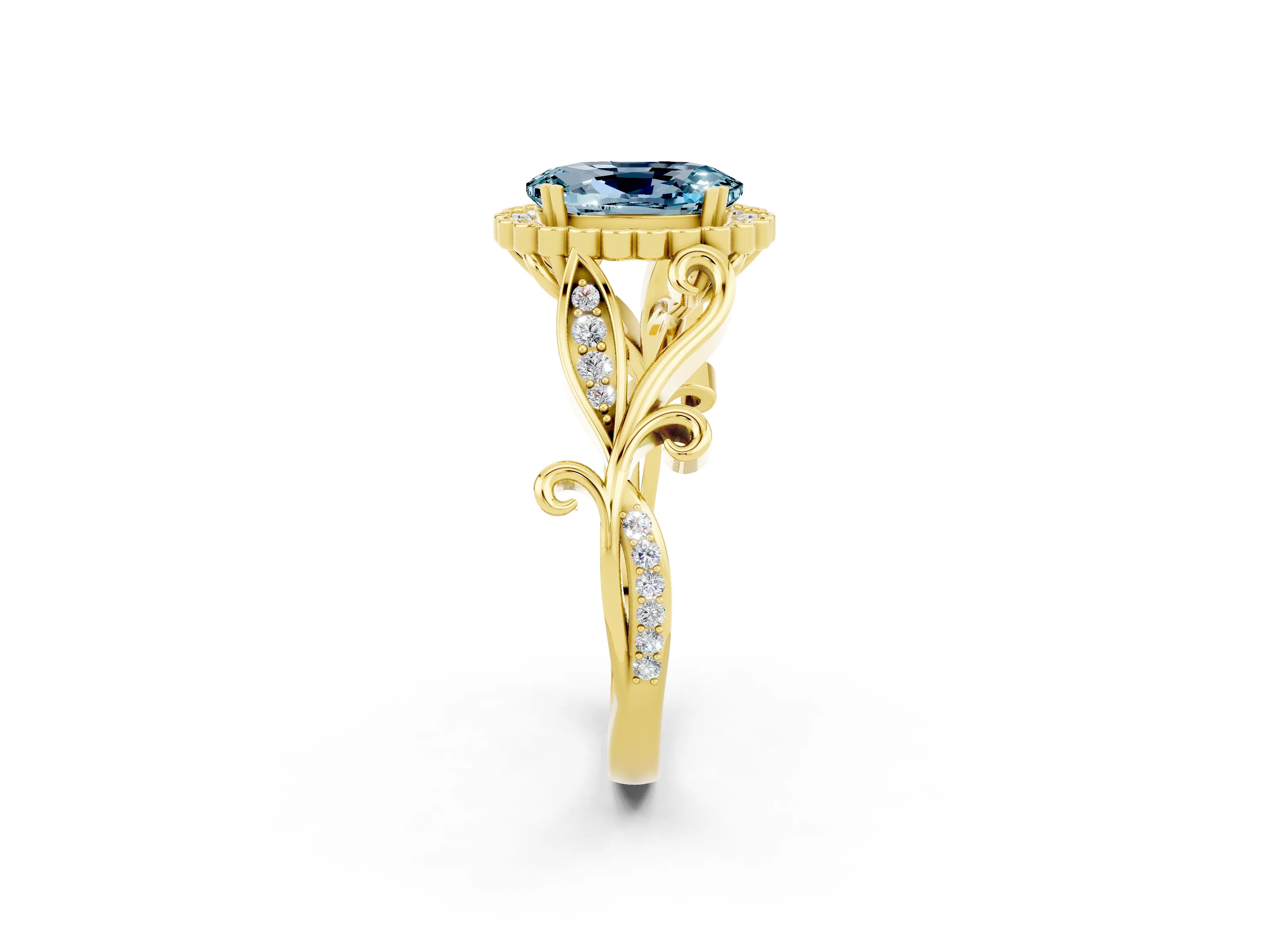 Yellow gold Oval Cut Aquamarine Halo Ring with Vintage Split Shank and Four-Prong Setting_2