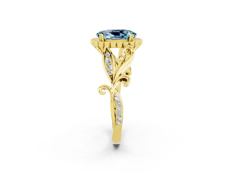 Yellow gold Oval Cut Aquamarine Halo Ring with Vintage Split Shank and Four-Prong Setting_2