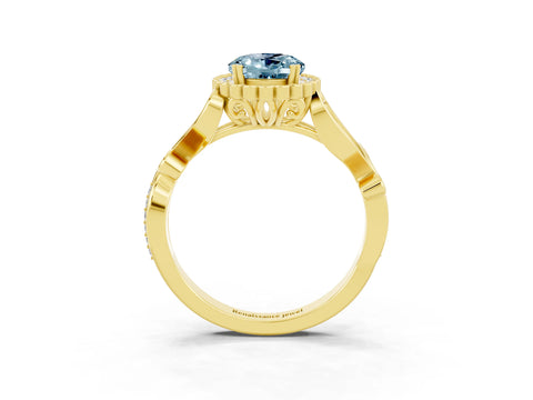 Yellow gold Oval Cut Aquamarine Halo Ring with Vintage Split Shank and Four-Prong Setting_3