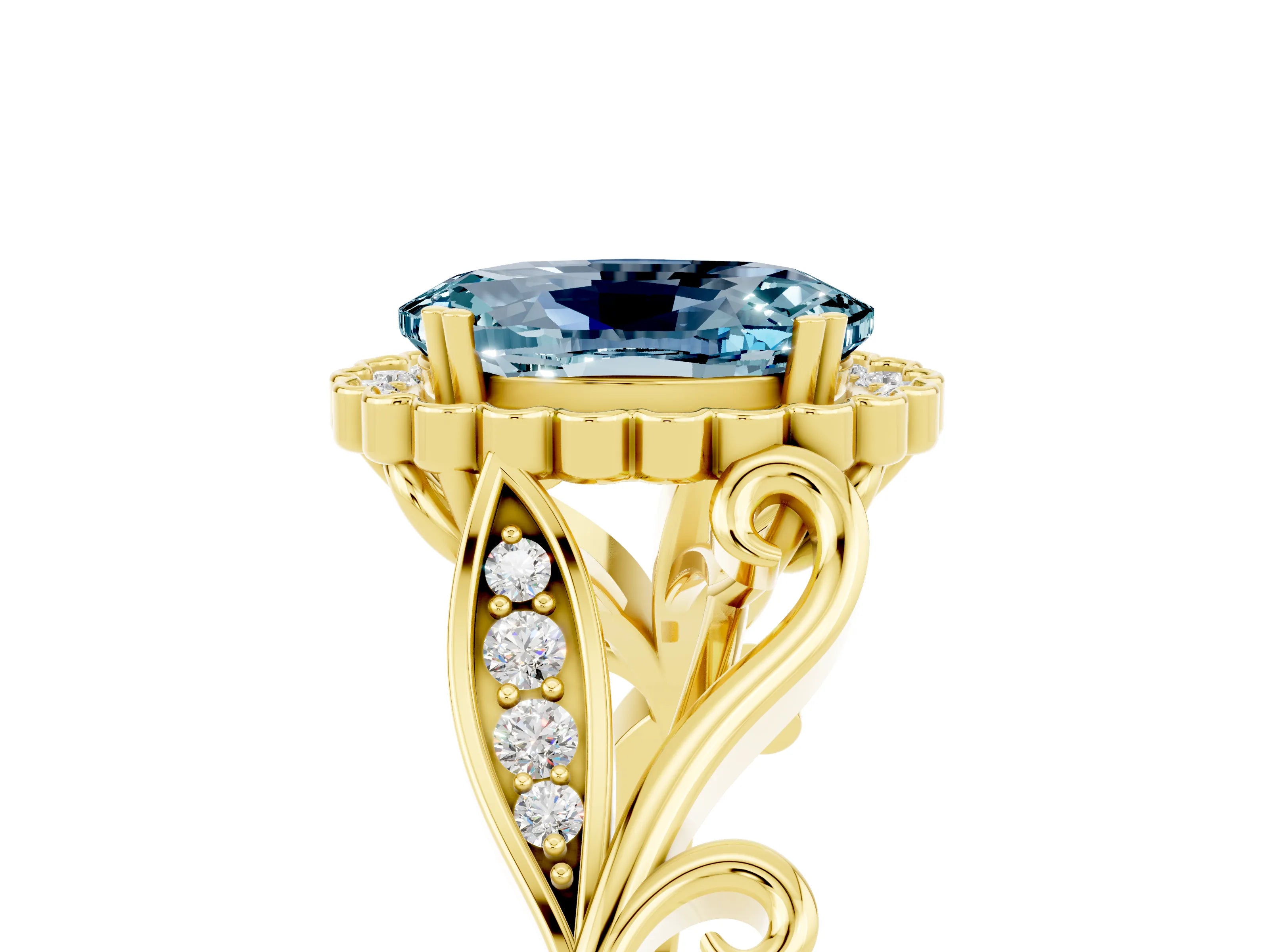 Yellow gold Oval Cut Aquamarine Halo Ring with Vintage Split Shank and Four-Prong Setting_5