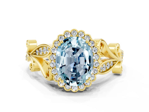 Yellow gold Oval Cut Aquamarine Halo Ring with Vintage Split Shank and Four-Prong Setting
