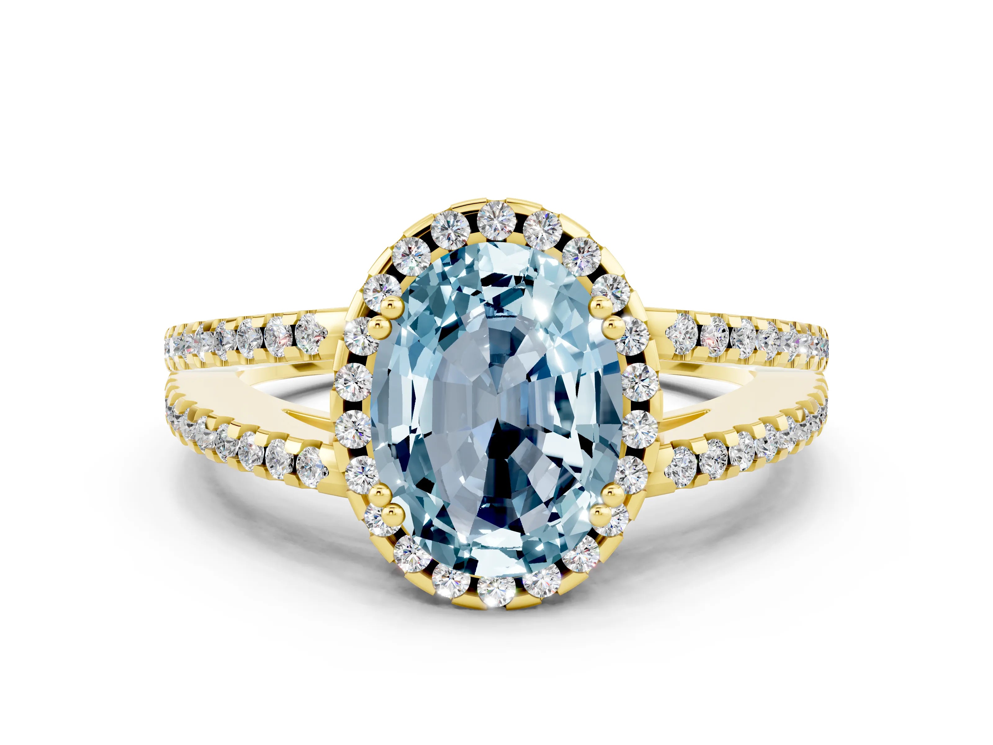 Yellow gold Oval Cut Aquamarine Halo Split Shank Engagement Ring_12