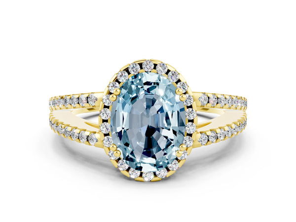 Yellow gold Oval Cut Aquamarine Halo Split Shank Engagement Ring