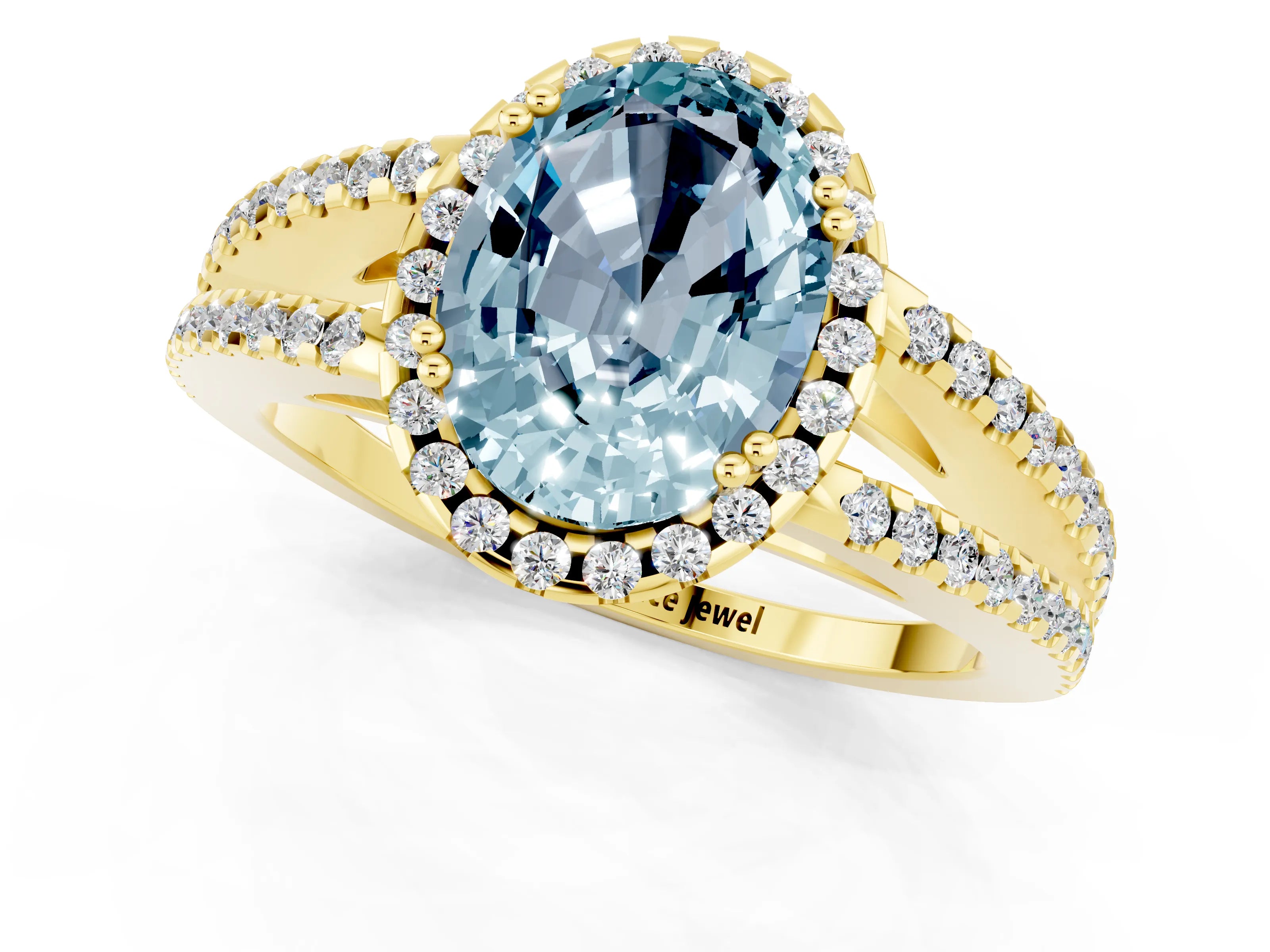 Yellow gold Oval Cut Aquamarine Halo Split Shank Engagement Ring_13