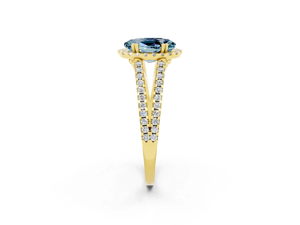 Yellow gold Oval Cut Aquamarine Halo Split Shank Engagement Ring
