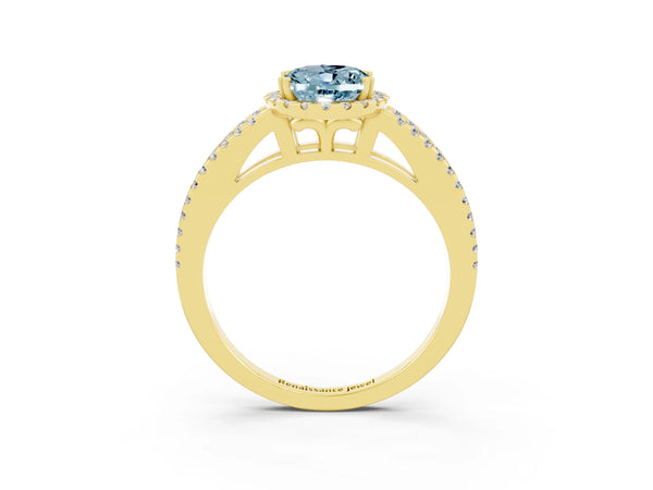Yellow gold Oval Cut Aquamarine Halo Split Shank Engagement Ring