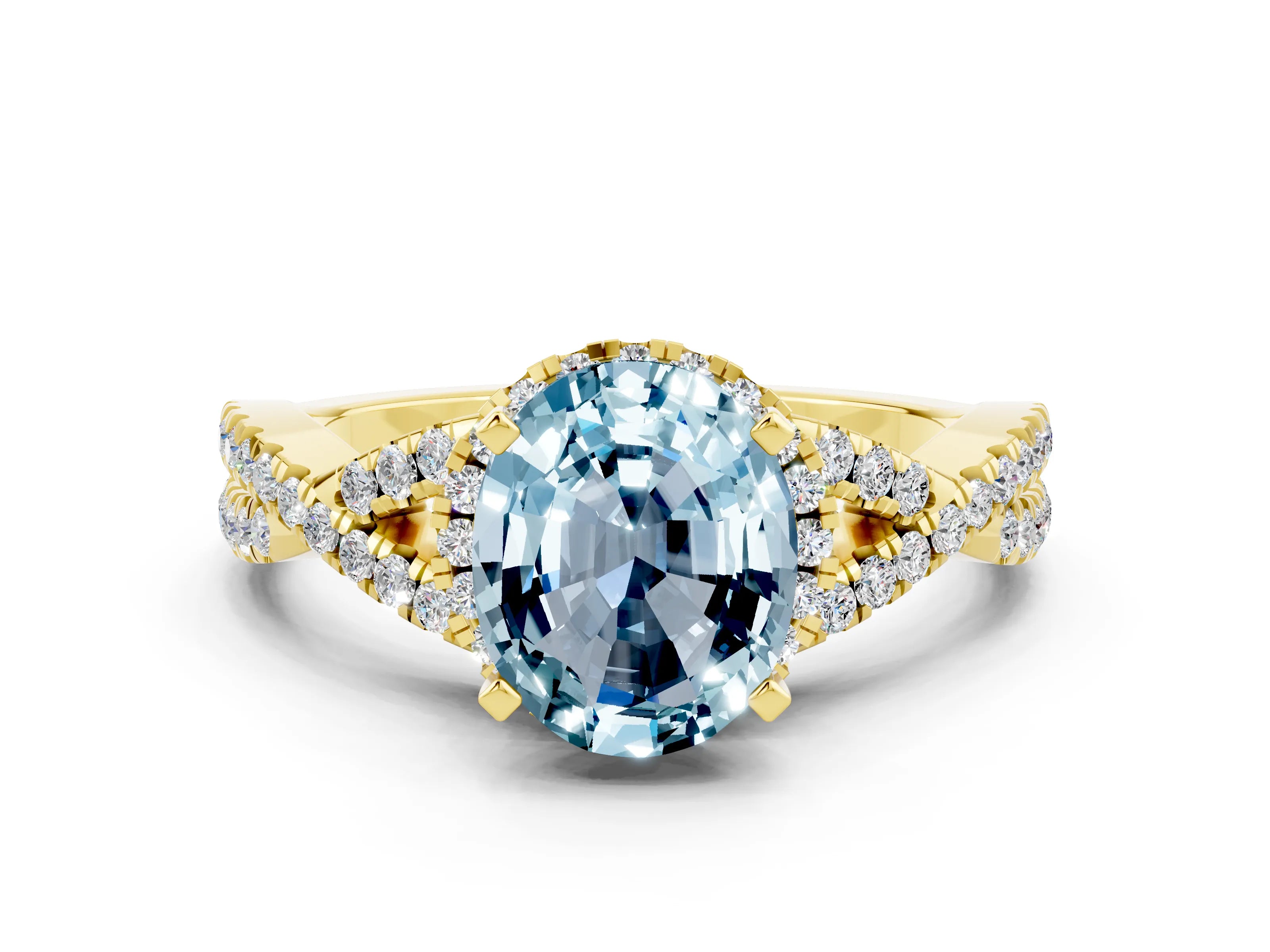Yellow gold Oval Cut Aquamarine Halo Twist Band Solitaire Prong Setting Ring