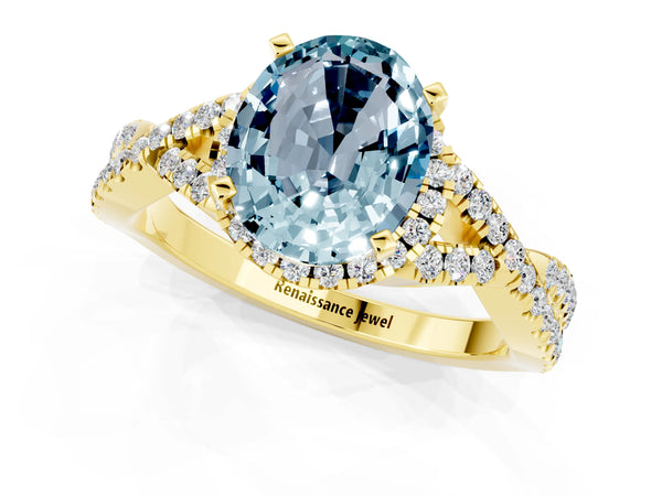 Yellow gold Oval Cut Aquamarine  Halo Twist Band Solitaire Prong Setting Ring