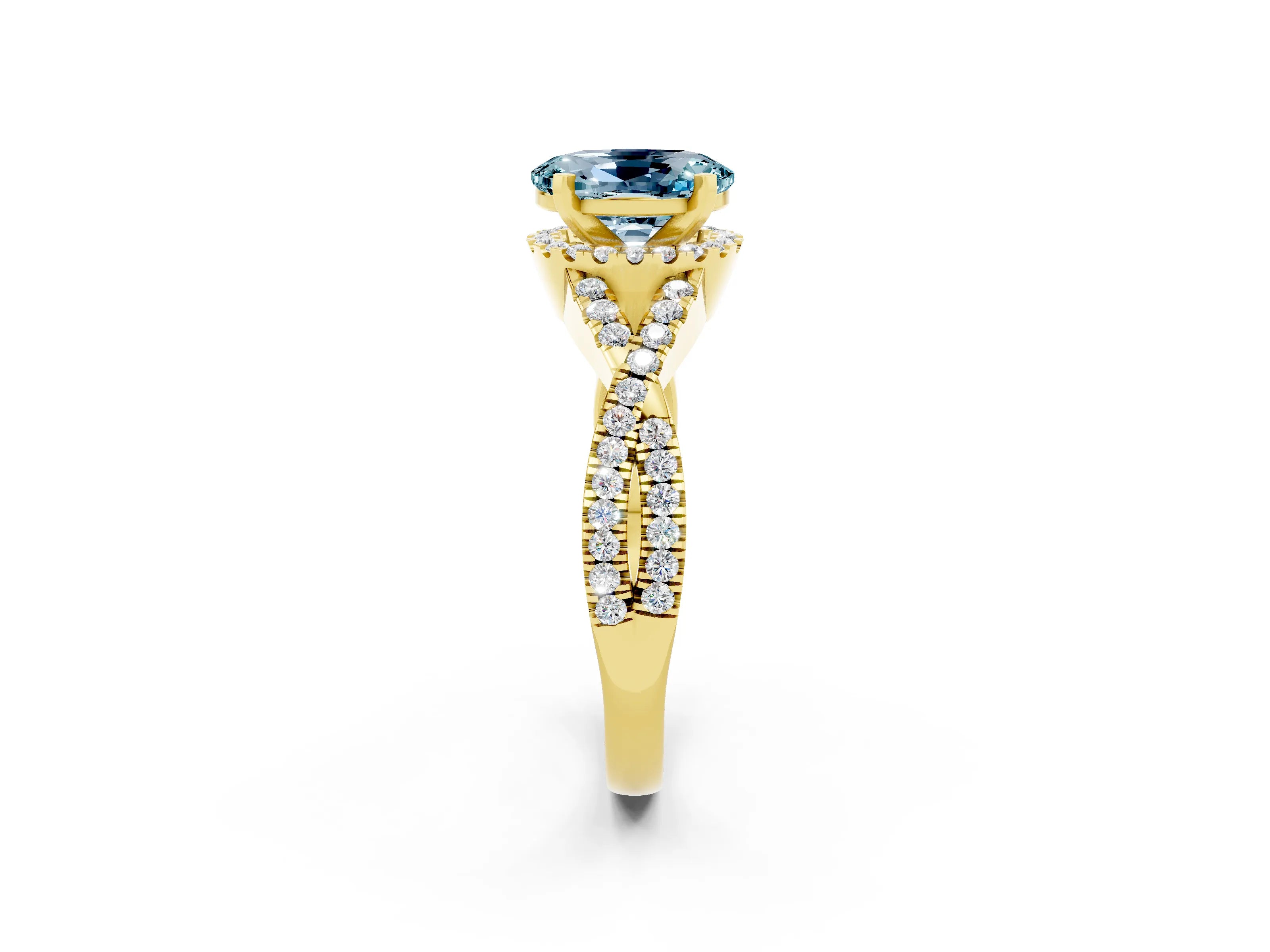 Yellow gold Oval Cut Aquamarine Halo Twist Band Solitaire Prong Setting Ring_2
