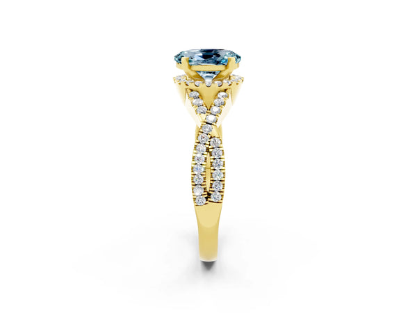 Yellow gold Oval Cut Aquamarine  Halo Twist Band Solitaire Prong Setting Ring