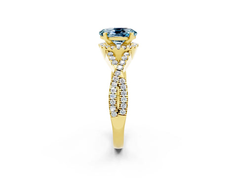 Yellow gold Oval Cut Aquamarine Halo Twist Band Solitaire Prong Setting Ring_2