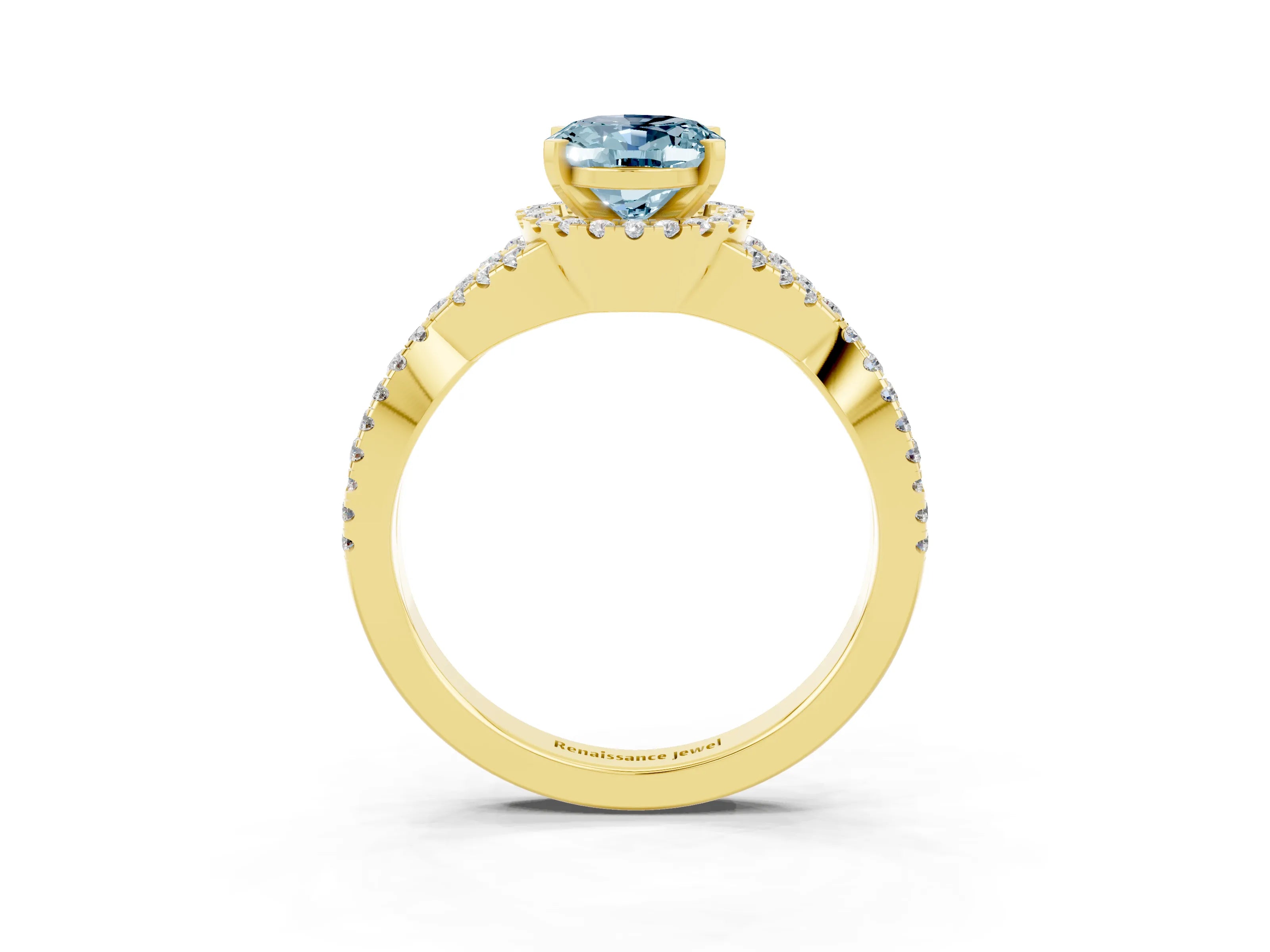 Yellow gold Oval Cut Aquamarine Halo Twist Band Solitaire Prong Setting Ring_3