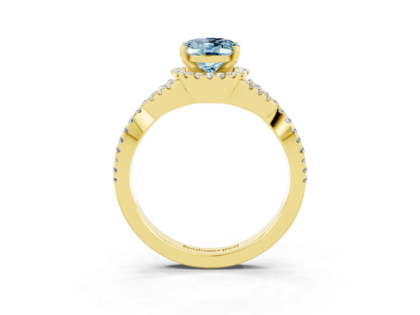 Yellow gold Oval Cut Aquamarine  Halo Twist Band Solitaire Prong Setting Ring