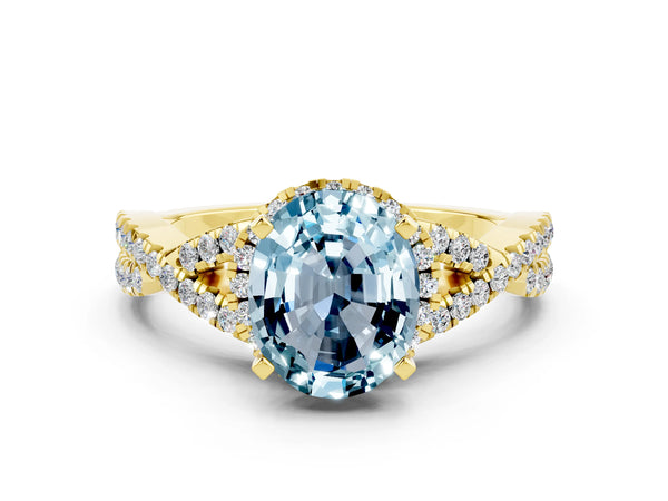 Yellow gold Oval Cut Aquamarine  Halo Twist Band Solitaire Prong Setting Ring