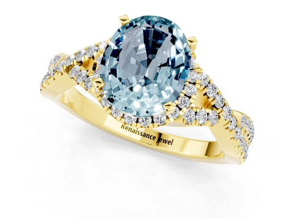 Yellow gold Oval Cut Aquamarine  Halo Twist Band Solitaire Prong Setting Ring