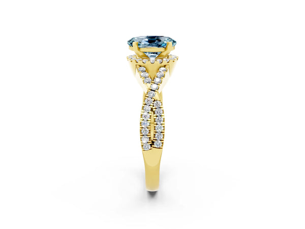 Yellow gold Oval Cut Aquamarine  Halo Twist Band Solitaire Prong Setting Ring