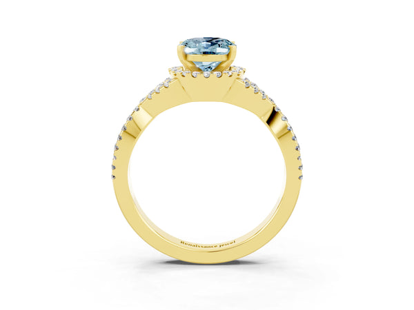 Yellow gold Oval Cut Aquamarine  Halo Twist Band Solitaire Prong Setting Ring