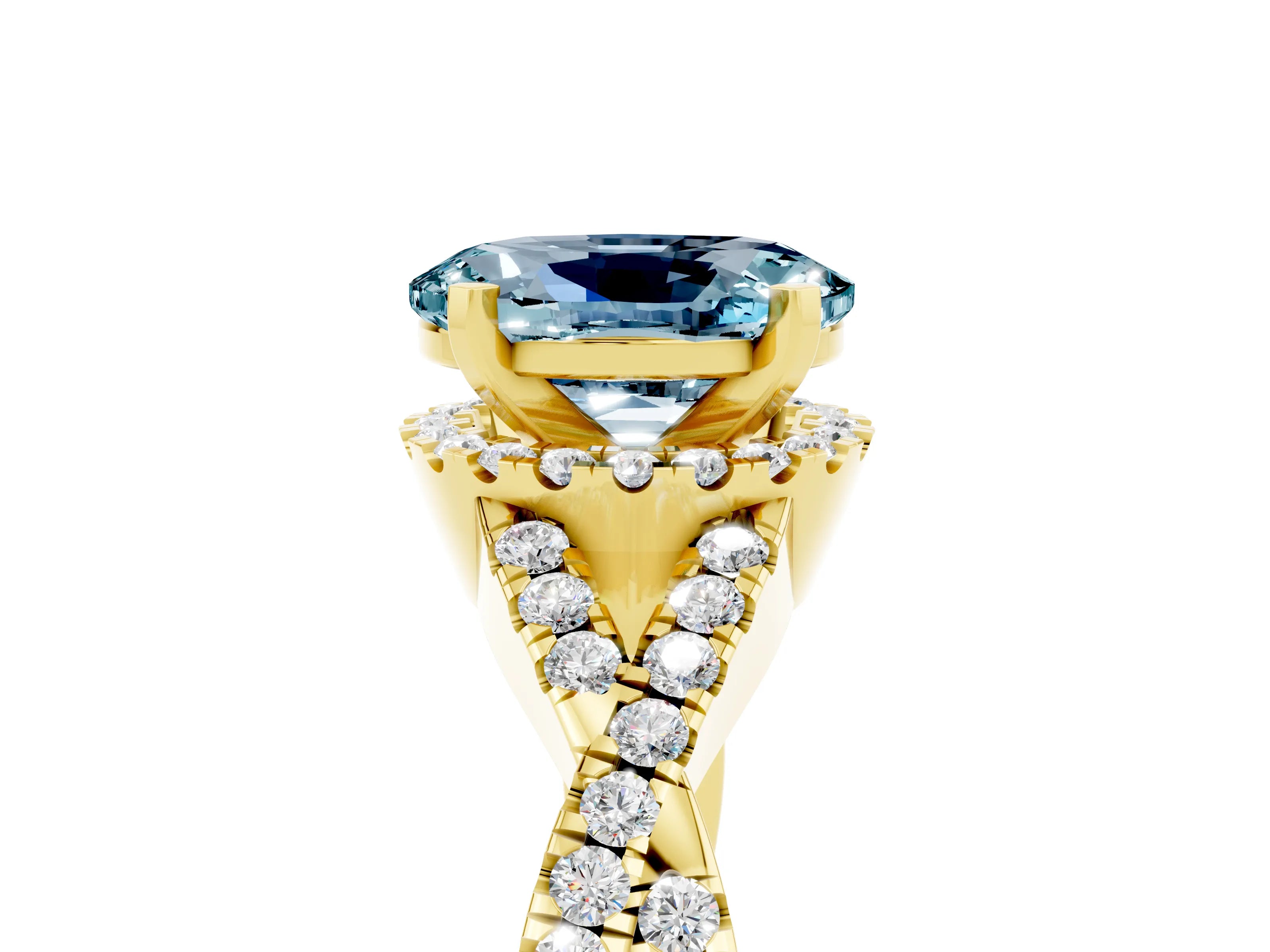 Yellow gold Oval Cut Aquamarine Halo Twist Band Solitaire Prong Setting Ring_5