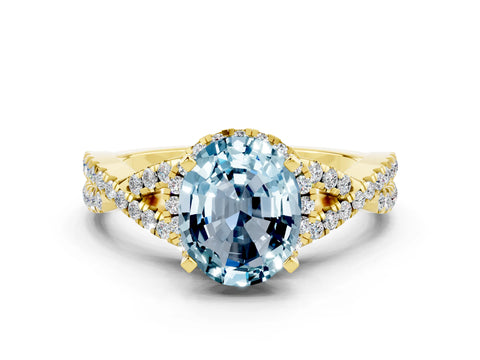 Yellow gold Oval Cut Aquamarine Halo Twist Band Solitaire Prong Setting Ring