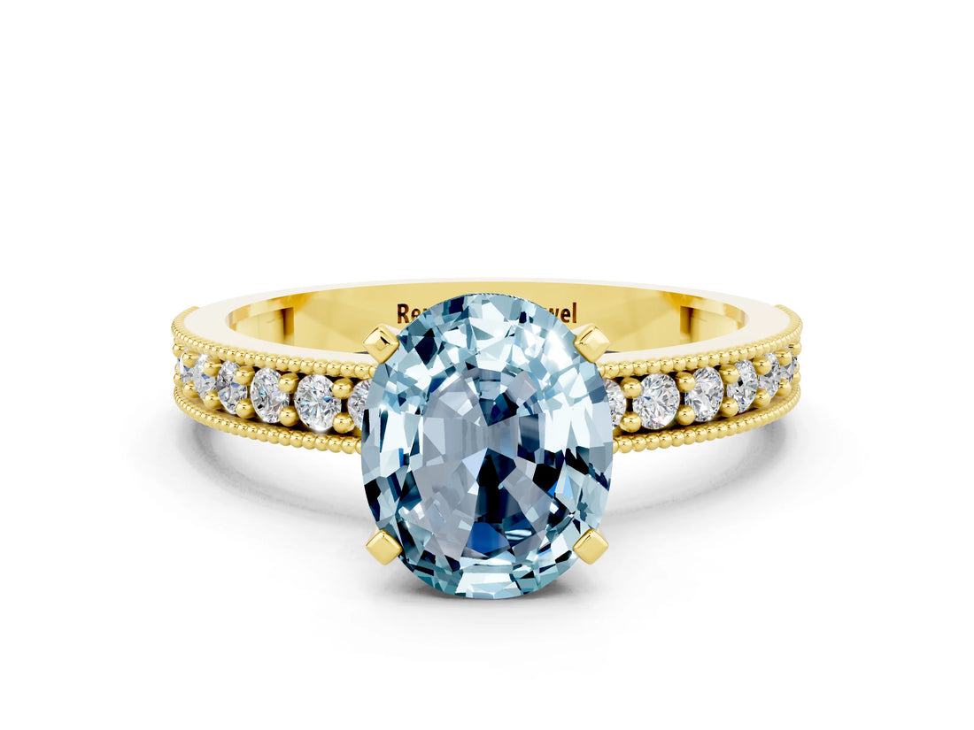 Yellow gold Oval Cut Aquamarine Milgrain Pavé Engagement Ring with Four-Prong Setting_12