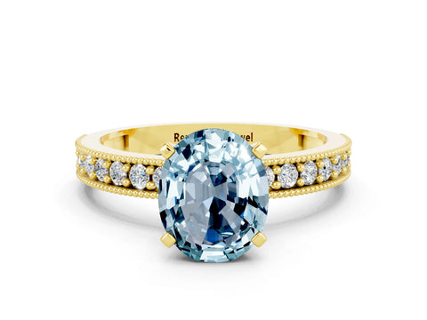 Yellow gold Oval Cut Aquamarine Milgrain Pavé Engagement Ring with Four-Prong Setting_12