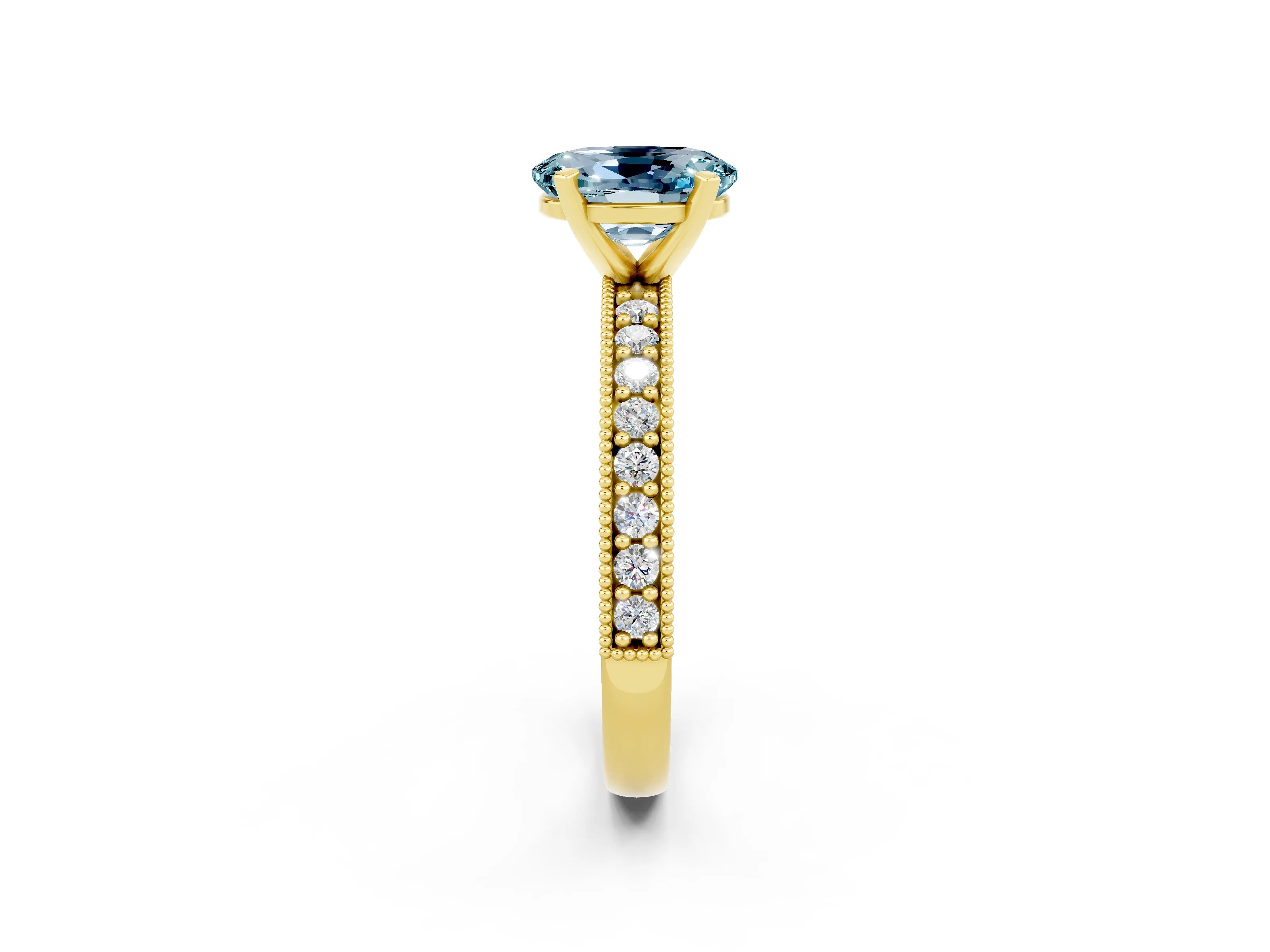 Yellow gold Oval Cut Aquamarine Milgrain Pavé Engagement Ring with Four-Prong Setting_14