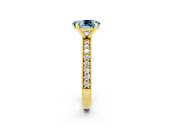 Yellow gold Oval Cut Aquamarine Milgrain Pavé Engagement Ring with Four-Prong Setting
