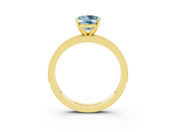 Yellow gold Oval Cut Aquamarine Milgrain Pavé Engagement Ring with Four-Prong Setting