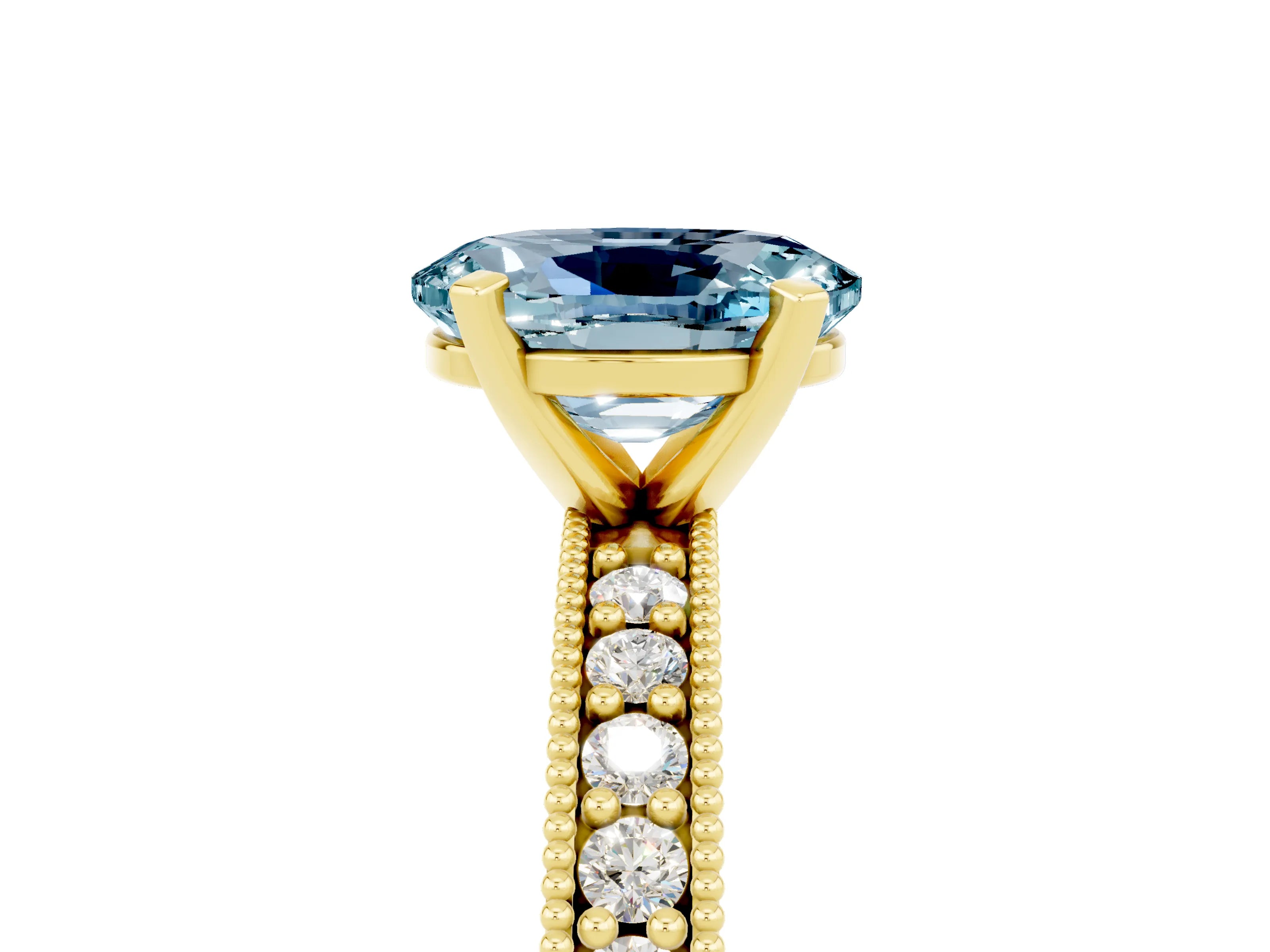 Yellow gold Oval Cut Aquamarine Milgrain Pavé Engagement Ring with Four-Prong Setting_17