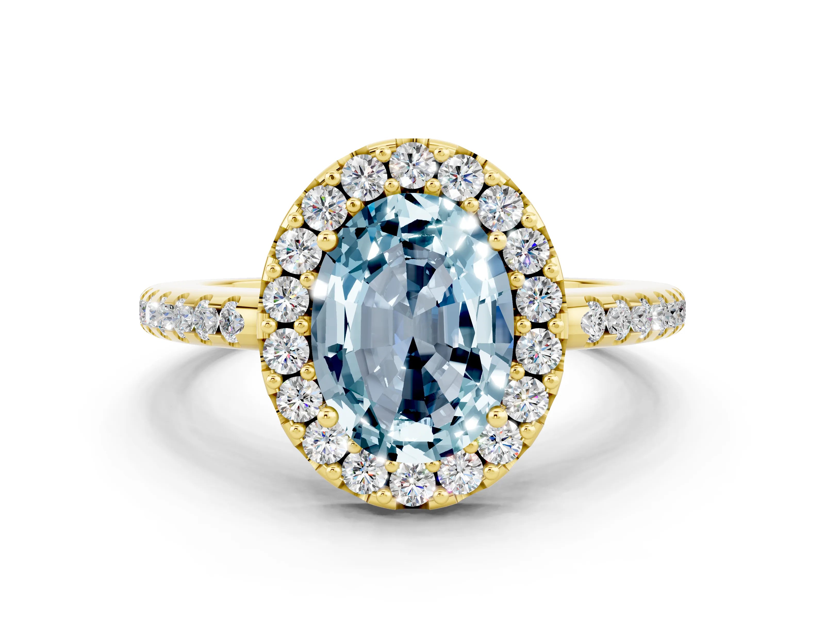 Yellow gold Oval Cut Aquamarine Pavé Halo Ring with Four-Prong Setting_12