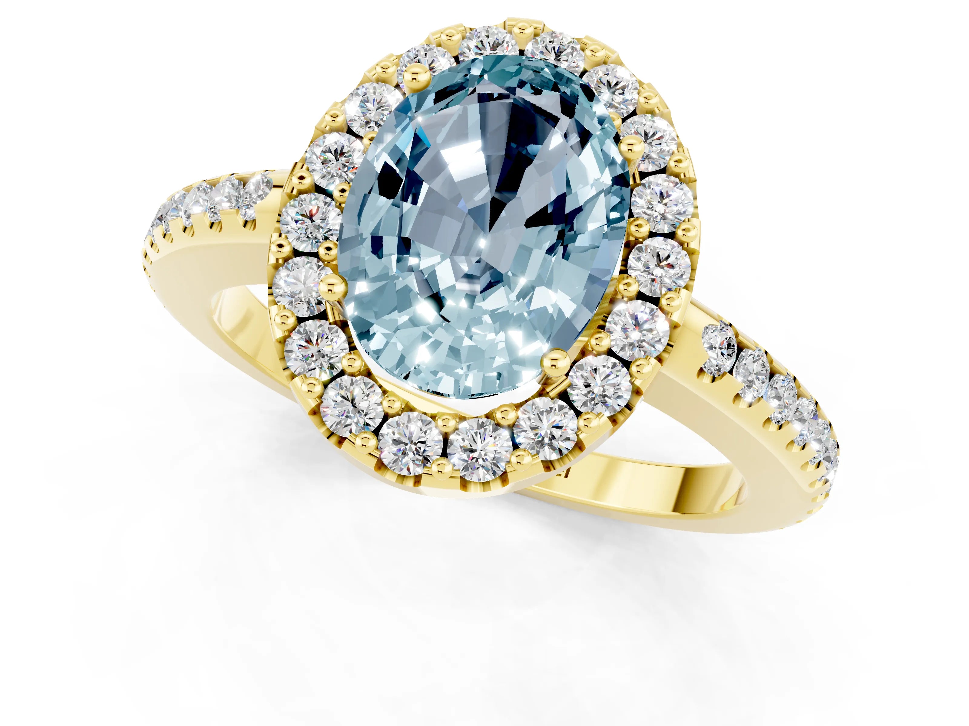 Yellow gold Oval Cut Aquamarine Pavé Halo Ring with Four-Prong Setting_13