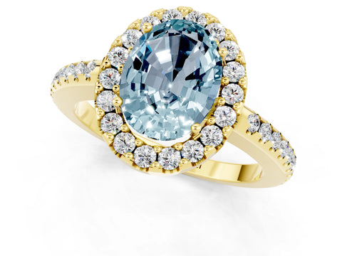 Yellow gold Oval Cut Aquamarine Pavé Halo Ring with Four-Prong Setting_13