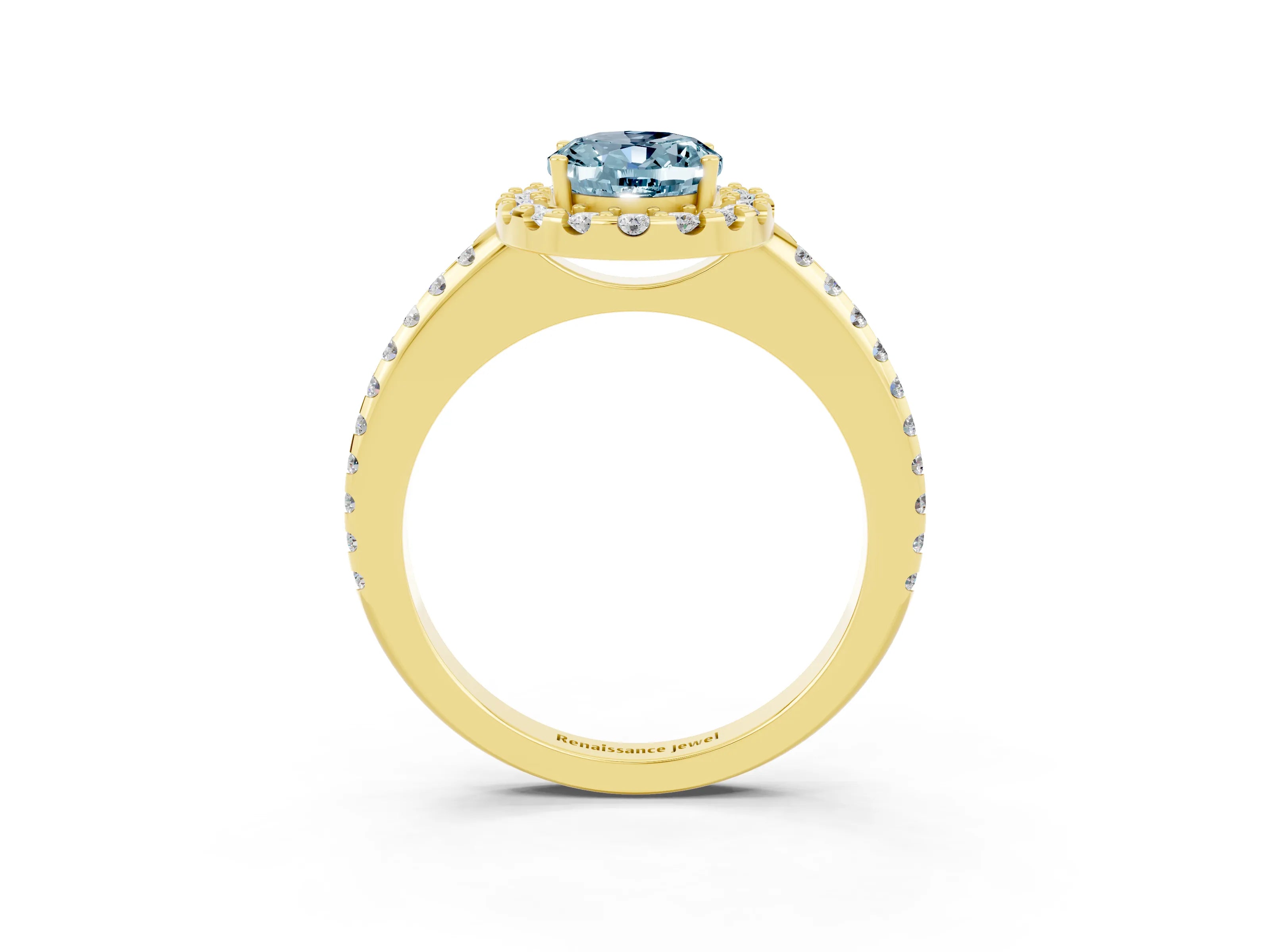 Yellow gold Oval Cut Aquamarine Pavé Halo Ring with Four-Prong Setting_15