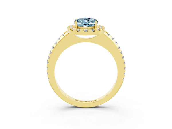 Yellow gold Oval Cut Aquamarine Pavé Halo Ring with Four-Prong Setting