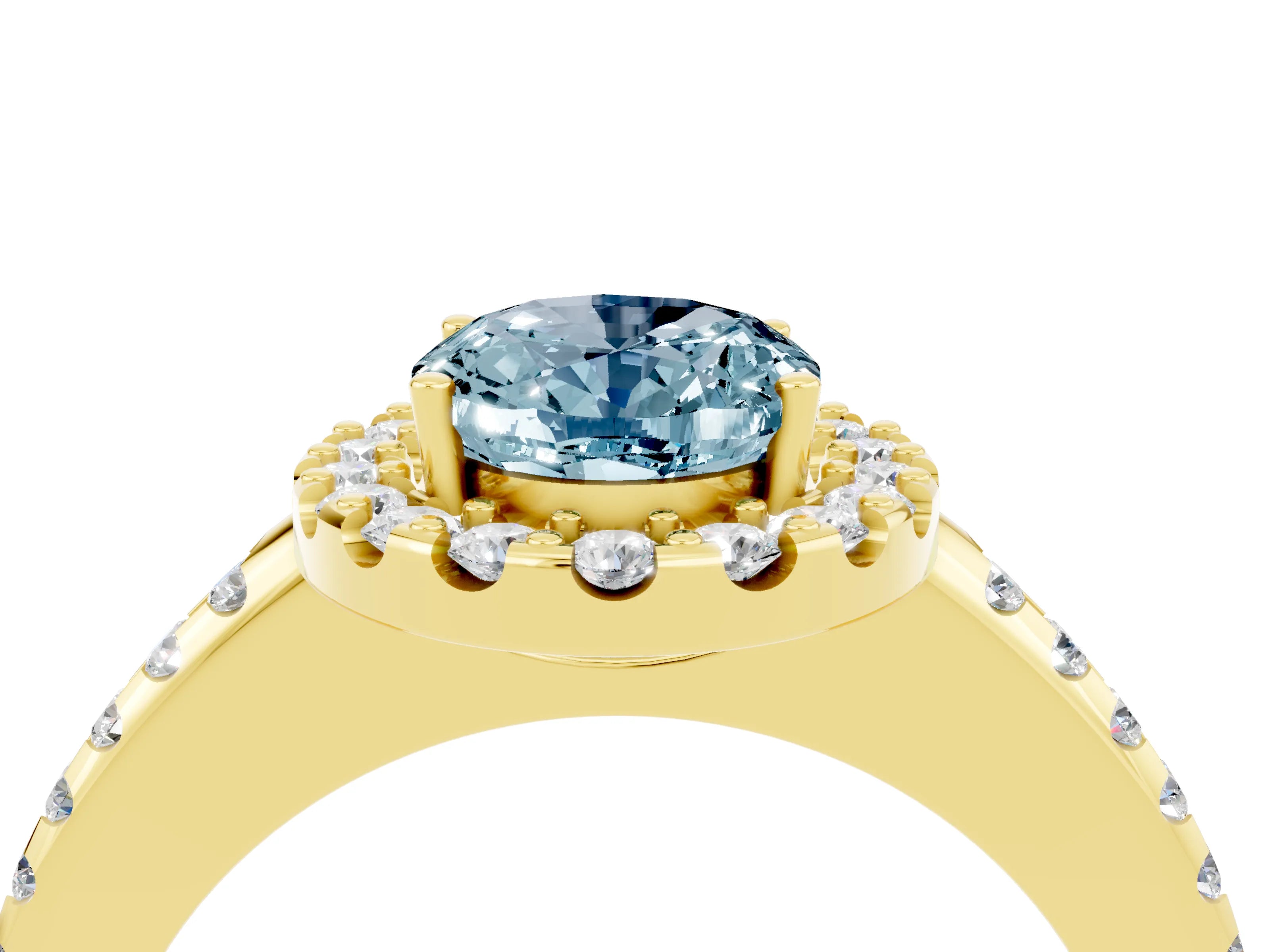 Yellow gold Oval Cut Aquamarine Pavé Halo Ring with Four-Prong Setting_16
