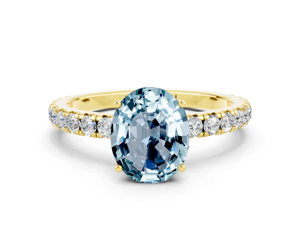 Yellow gold Oval Cut Aquamarine Pavé Solitaire Engagement Ring with Four-Prong Setting