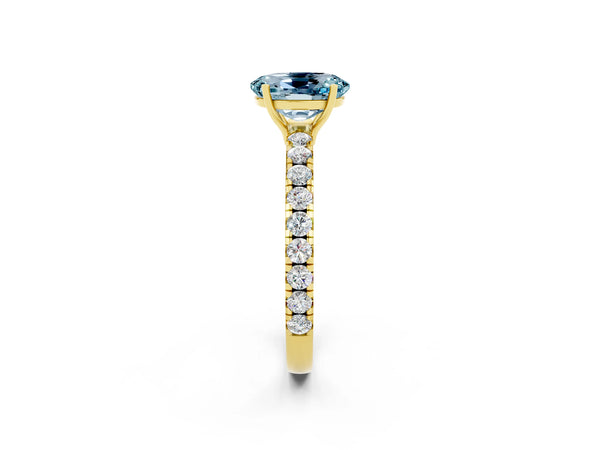 Yellow gold Oval Cut Aquamarine Pavé Solitaire Engagement Ring with Four-Prong Setting