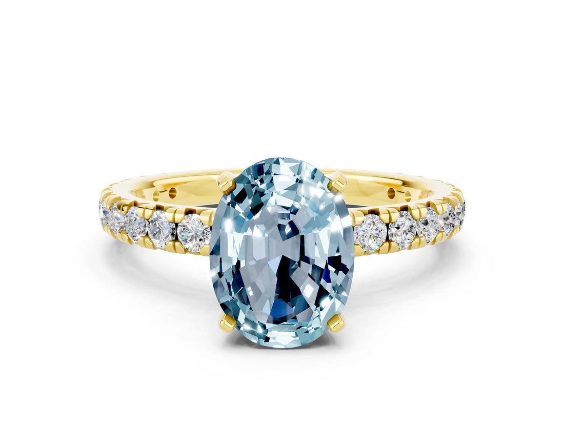 Yellow gold Oval Cut Aquamarine Pavé Solitaire Ring with Round Band and Prong Setting_24