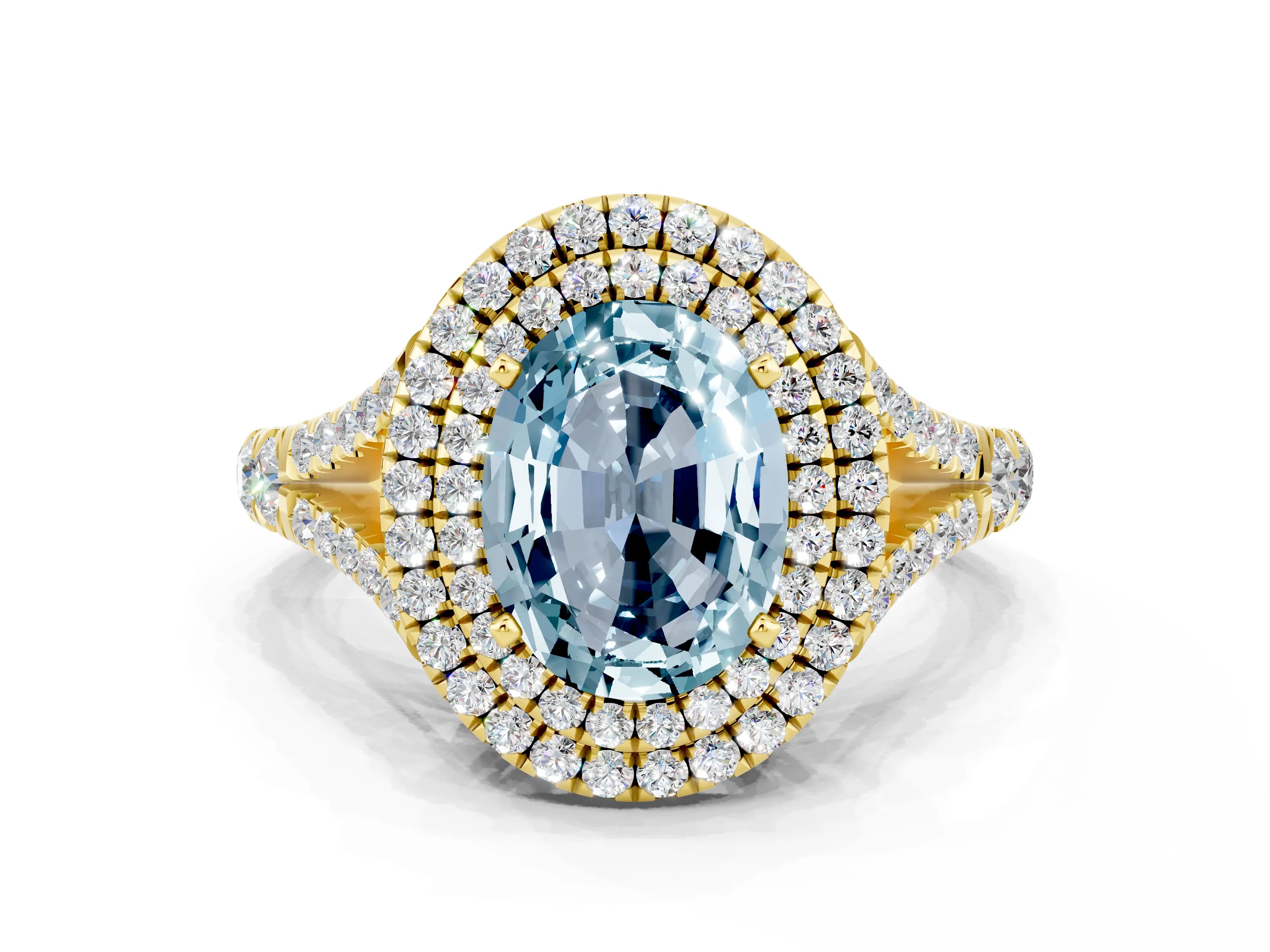 Yellow gold Oval Cut Aquamarine Pavé Split Shank Double Halo Engagement Ring
