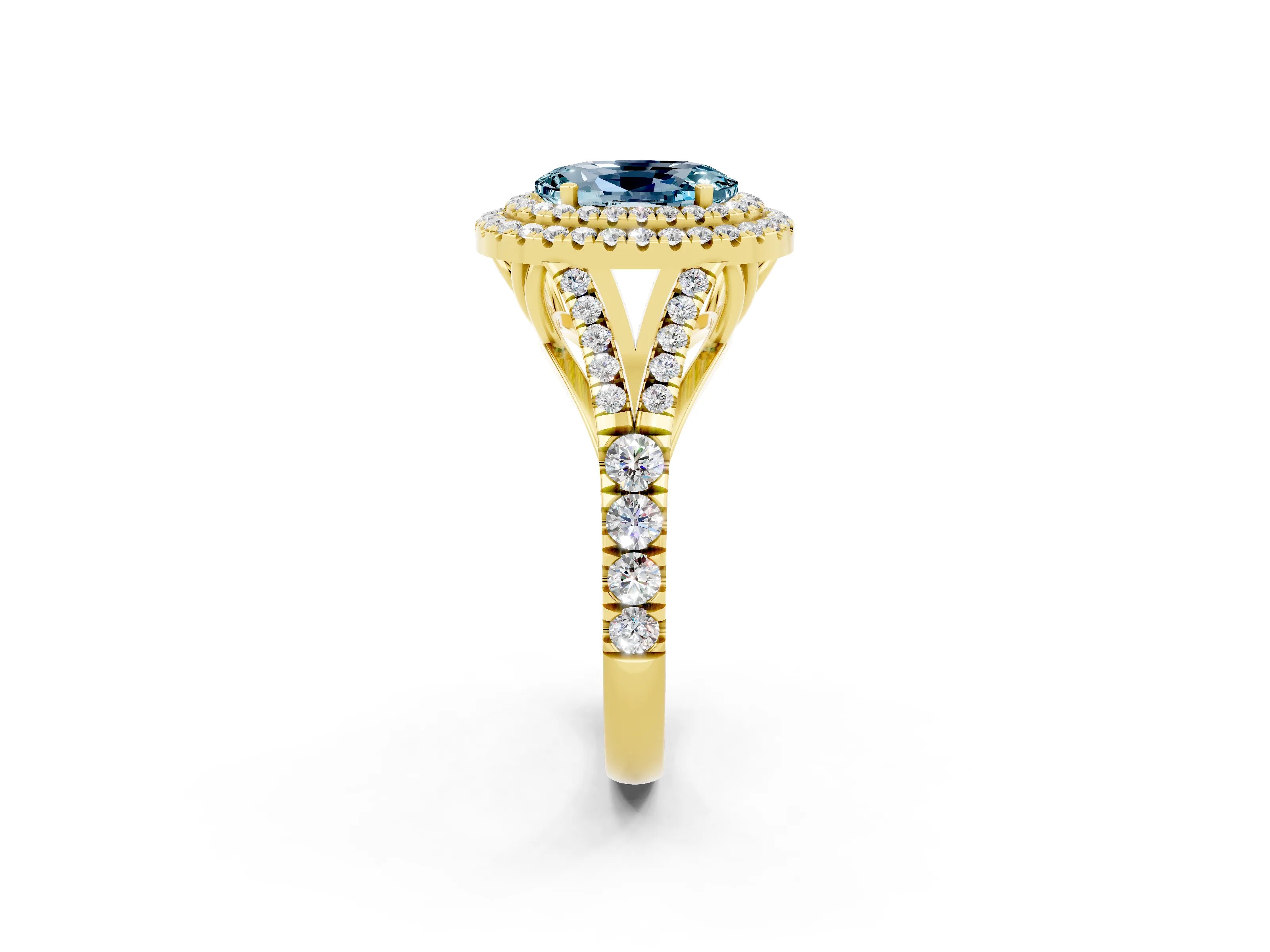 Yellow gold Oval Cut Aquamarine Pavé Split Shank Double Halo Engagement Ring_2