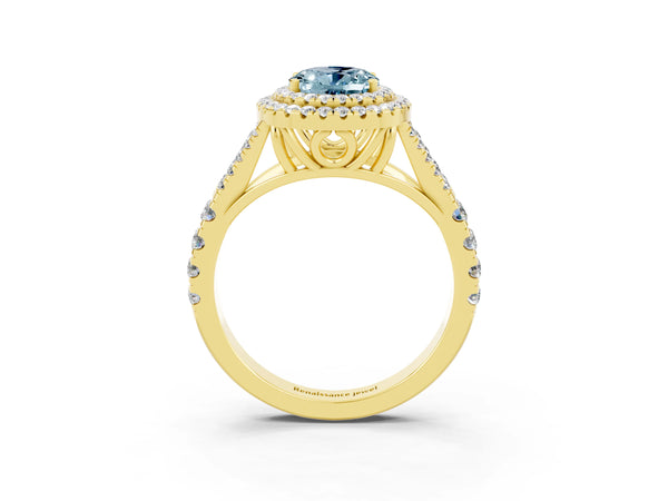 Yellow gold Oval Cut Aquamarine Pavé Split Shank Double Halo Engagement Ring