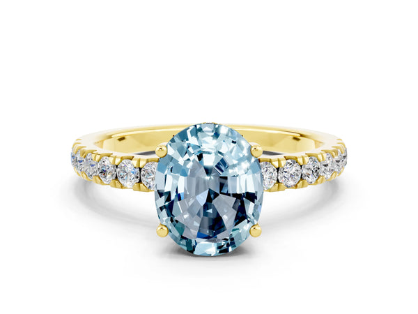 Yellow gold Oval Cut Aquamarine Pave Band Solitaire Ring with Round  and Prong Setting
