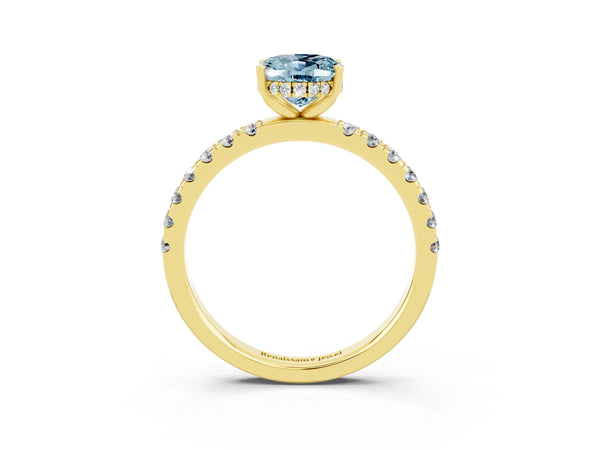 Yellow gold Oval Cut Aquamarine Pave Band Solitaire Ring with Round  and Prong Setting